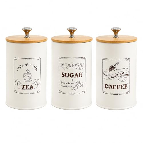 VELAJA Juego de 3 Botes Redondos de Almacenamiento, Botes de Café Herméticos de Metal con Tapa de Bambú, 800ml para Café, Té, Azúcar, Organización Cocina y Despensa, 15.6x9.5 cm