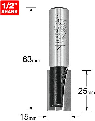 Trend Trade Straight Two Flute Router Cutter Bit, 1/2 Inch Shank, 15mm Cut Diameter, Tungsten Carbide Tipped, TR40DX1/2TC