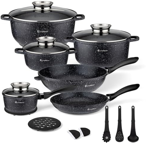 EliteHoff Induktion Kastrullset, 17 Del, Non-Stick Aluminummjöl, Lock, PFOA-Fri (Svart)