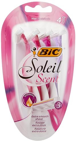 BIC Soleil Scent 3-Blade Lady Razor with Lubricating Strip for a Smooth shave and Easy Grip Handle, Pack of 4
