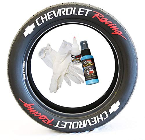 Tire Stickers Chevrolet Racing - DIY Permanent Rubber Tire Lettering Kit with Glue & 2oz Bottle Touch-Up Cleaner / 19-21 Inch Wheels / 1.25 Inches/White/Red / 8 Pack