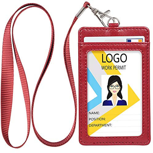 Teskyer Card Holder with Lanyard, ID Badge Holder with Clear Window and Holds 2 Cards, PU Leather Vertical Badge Holder for ID Cards, Offices, Schools, Bus Passes, Wine Red