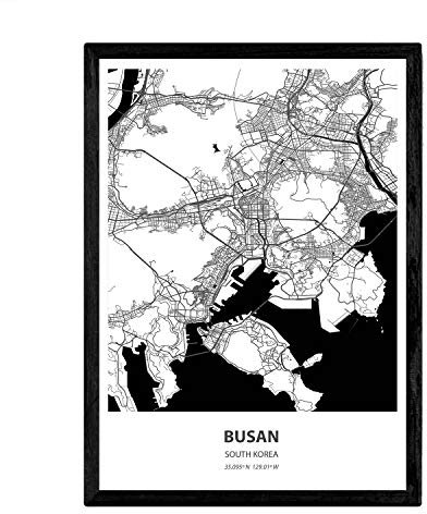 Nacnic Poster Mappa di Busan - Corea del Sud. Città asiatiche Fogli con Mari e fiumi, in Colore Nero. Formato A4