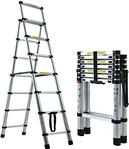 6+7 Step Ladder 2 Ways Combination Ladder Aluminum A-Frame Stepladder Extension Telescopic Ladder Lightweight 150KG Capacity for Home Kitchen Office Household Multipurpose Ladder
