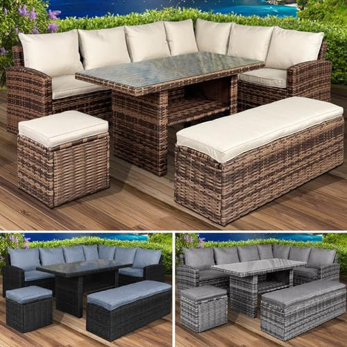 BRAST® Gartenmöbel Set Eco | bis zu 9 Personen viele Farben | inkl. extra Dicke Kissen | TÜV geprüft | Outdoor Loungemöbel Sitzgruppe Essgruppe Garnitur | Braun/Cappuccino