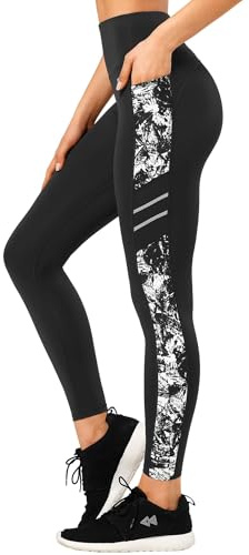 Yvette Leggings de Sport Femmes Opaque Taille Haute Pantalon Imprimé de Yoga Non transparent Doux avec Poches Jogging Fitness Pilates,Noir Beige,M