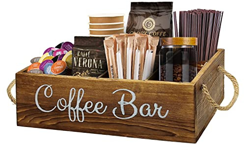 QUALLON Coffee Station Organizer with Small Removable Dividers, Wooden Coffee Bar Accessories Storage For Countertop, Farmhouse Kcup Coffee Pod Holder Basket With Handle For Coffee Lover