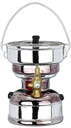 Christbaumschmuck Glas 11cm Campingkocher mit Glitzer Weihnachtskugeln Silber