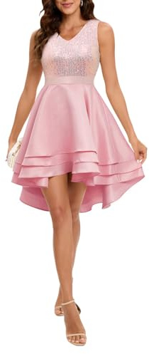 Meetjen Women's Satin Homecoming Dresses for Teen Formal Short Sequin Cocktail Dress High Low V Neck A-line Prom Dress