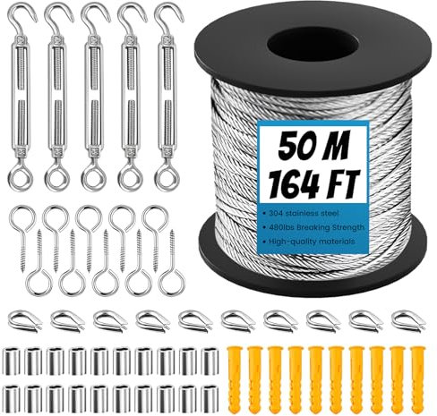 50M Garden Wire Stainless Steel Wire Rope Kit, Picture Wire Catenary Wire Kit, Metal Garden Wire for Climbing Plants, M5 Turnbuckle Wire Tensioner Kit, Fence Wire Roll Kit,Cable Railing Kit