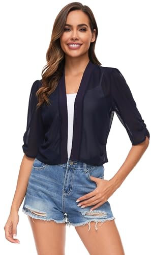 Famrrifuu Bolero Damen Chiffon Festlich Schulterjacke Halbarm Elegant Kurze Cardigan Leichte Dünn Bolerojacke,Navy,M