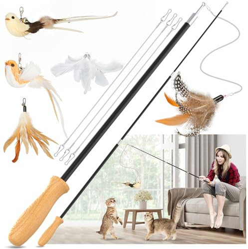 ROSAUI 2X Katzenangel lang, interaktives katzenspielzeug mit 2 Vogel und 3 Federn, Katzen Spielzeug für Kitten, cat Toys stabil 107cm
