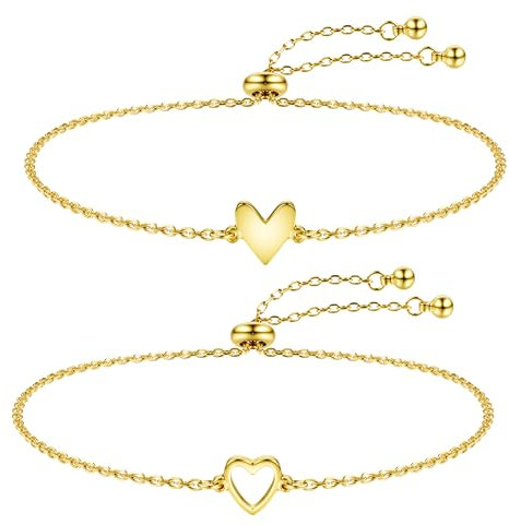 Dochais 14K Gold Herz Armband Damen, Verstellbares Silber Passende Liebe Freundschaftsarmband, Geschenk zum Geburtstag, Jugendweihe - Perfekt für Frauen, Mädchen