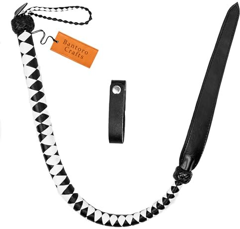 Bantoro Crafts Black and White 3 Feet / 0.90 Meter Leather Whip Flogger 8 Plaits Single Tail Dragon Tail Bullwhip Spanking Paddle BDSM
