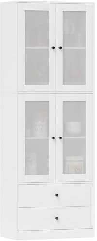 HOMCOM Küchenschrank Hochschrank mit Arbeitsplatte, 4 Glastüren und 2 Schubladen Buffetschrank Vitrinenschrank mit Verstellbaren Ablagen Weiß, 59 x 30 x 170 cm