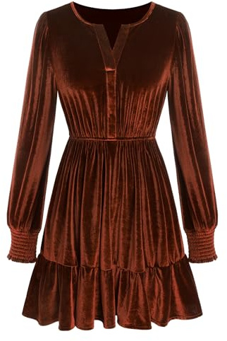 ZAFUL Womens Long Sleeve Velvet Dress 2025 Fall V Neck Holiday Cocktail Party Semi Formal Mini Dresses for Wedding Guest, Brown, Medium