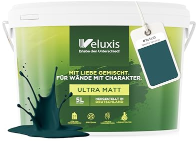 Veluxis Wandfarbe Grün Blau Petrol Matt Innenfarbe – Deckkraft Klasse 1, VOC-frei, Ohne Grundierung, Tropfarm – Wohnzimmer & Schlafzimmer – 5L (Specific Spirulina)