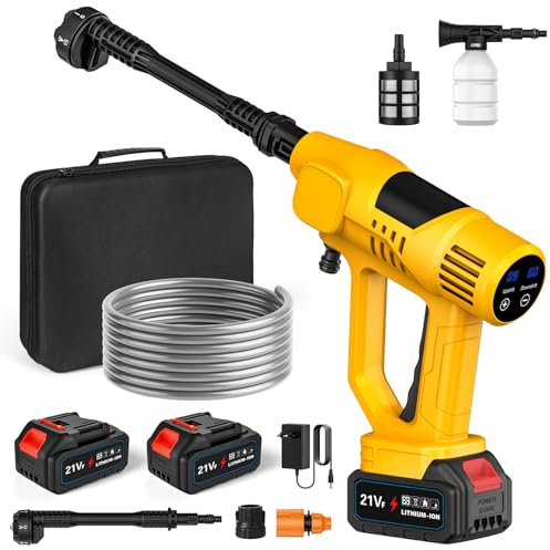 Hidrolimpiadora Bateria, 65 Bar Hidrolimpiadora Portátil con 2 x 3.0Ah Baterías, Boquilla 6 en 1, 10 Niveles de Presión, Manguera 5M, Pantalla Táctil LCD, Pistola de Agua a Presión para Coche y Jardín