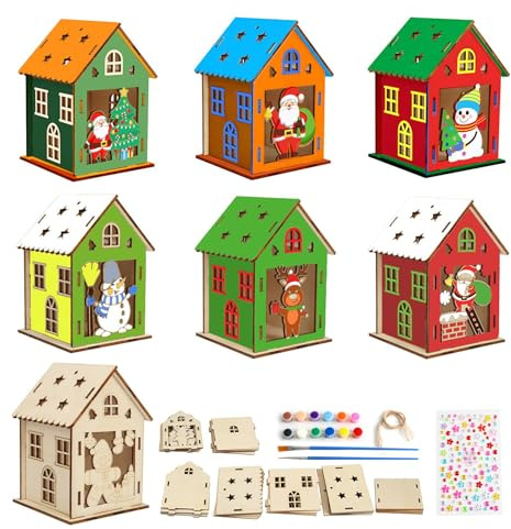 ZoneYan 7PCS Maison de Noel en Bois, Maison Noel, Pendentif Arbre de Noël, Kit de Bricolage en Bois à Peindre pour Enfants, pour Décoration Sapins de Noël