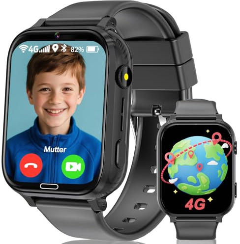 MOONKIDS 4G Orologio Smartwatch Bambini, Smartwatch con Sim, Fotocamera Torcia Sveglia Audiolibri, Orologio Intelligente per Ragazza e Ragazzo (Nero 1)