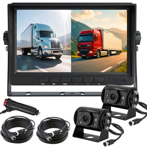 AHD 1080P - Telecamera di retromarcia per veicoli e camion, con monitor da 7 pollici a schermo diviso in 2, 2 telecamere impermeabili per retromarcia con visione notturna, con cavo da 15 m, per