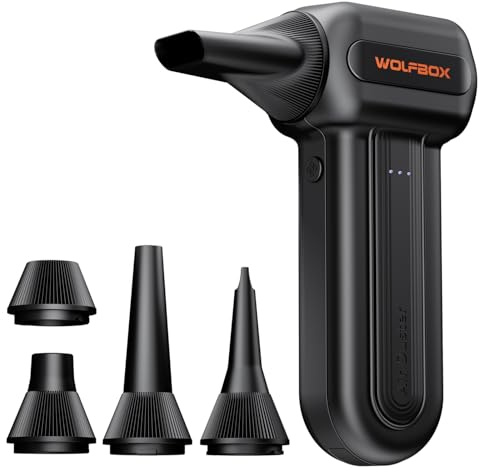 WOLFBOX MF60 Soffiatore a Batteria Potente 110000 RPM, Aria Compressa Elettrico Air Duster con 3 Velocità, Mini Soffiatore Portatile Ricaricabile per Pulizia PC, Tastiera, Auto, Casa, 5 Ugelli