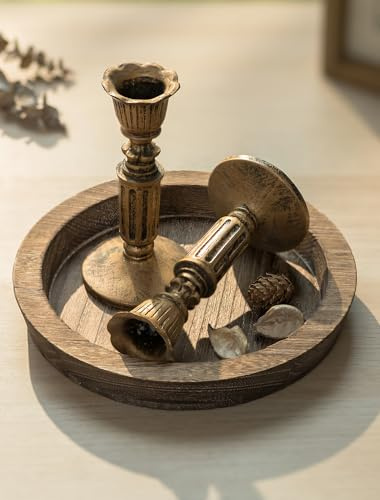 Hanobe Candle Holder Tray:7.9 Small Round Wooden Candle Plate - Rustic Farmhouse Coffee Table Decoration - Tea Light Pillar Trays for Easter St Patrick's Day Home Decor