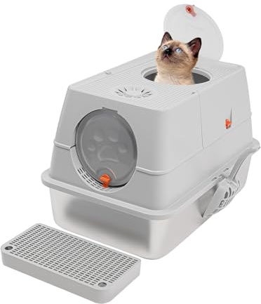 RjcdOPL - Bandeja de arena cerrada para gatos, casa de baño, de acero inoxidable y plástico, con pala y pedal, antiolores, fácil de limpiar, gran capacidad 28 L, para gatos de hasta 10 kg (gris claro)