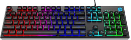 HP K500F Backlit Membrane Wired Gaming Keyboard with Mixed Color Lighting, Metal Panel with Logo Lighting, 26 Anti-Ghosting Keys,