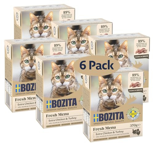 Bozita Tetra aptitretare i sås med kyckling och kalkon – 6 x 370 g spannmåls- och sockerfri premiumkattmat, utan genteknik, med 7,5% protein och 5% fetthalt – utsökt våtfoder för gourmeter