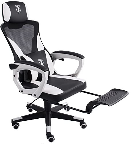 TRISENS Gaming Stuhl im modernen Racing-Design mit einklappbarer Fußstütze - Gaming Chair mit flexiblen Armlehnen - ergonomischer Gaming Schreibtischstuhl mit extra Stützkissen, Farbe:Schwarz/Weiß