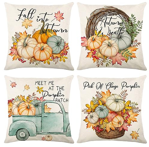 VEEKAY 4 Pièces Housses de Coussin Citrouille 45X45cm,Taie d'oreiller de Thanksgiving,Housses de Coussin Déco Automne,Taie d'oreiller Décorative,pour Canapé Salon Chambre Jardin Maison Décoration