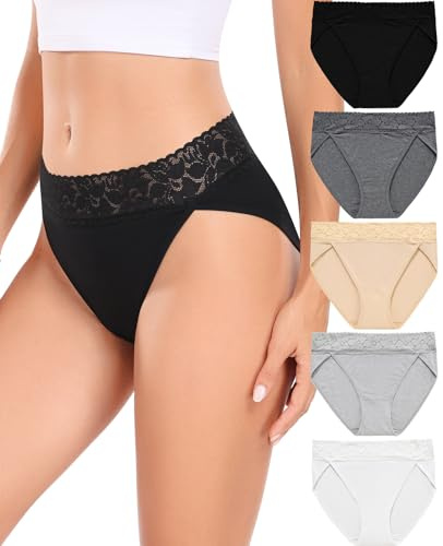 RHYFF Womens Underwear Cotton Bikini Panties High Cut Lace Panty Stretch Soft Hipster Underpants Ladies Briefs S-XXL(R3168XXL-BlackWhite)