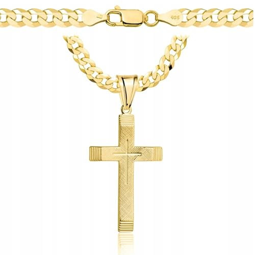 AMAR PRAGNA goldkette herren mit kreuz 585, Kette Herren 925/585 - kreuz kette herren gold 585 massiv - 5 mm, Kreuz Kette 70 cm - Goldkette Kreuzkette - panzerkette gold 585
