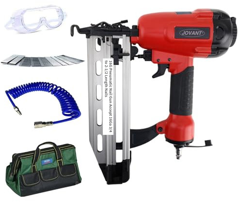 Jovant Pnumatic Finish Nailer, 16 Gauge Nail Gun Acepts 3/4 Inch Up to 2-1/2 Inch Finish Nails. Brad Nailer Gun Can Hit Hardwood Ideal for Upholstery, Woodworking (Includes 6 m Air Tube & Portable