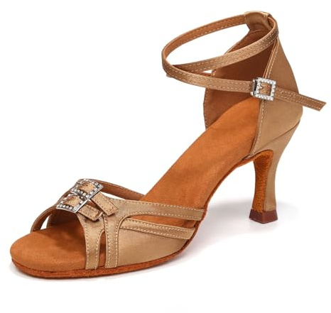 ZYXWVU Women's Latin Ballroom Dance Shoes Satin Salsa Professiona Dance Shoes Suede Sole Beige, 7 US