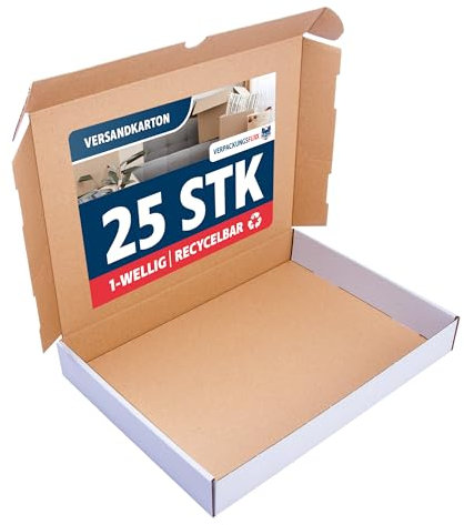 VERPACKUNGSFUXX Maxibriefkarton 350 x 250 x 50 mm weiß | 25 Stück DIN A4 Versandkarton für Warensendungen | Verpackungsmaterial 35x25x5 cm BüWa Karton DHL geeignet