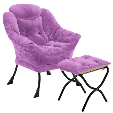 Youtanic Lazy Chair with Folding Ottoman, Accent Chair Plush Upholstered with Metal Structure and Non-Slip Pads, Sofa Armchair with Footrest and Side Storage Bag for Dorm, Room, Office, Purple