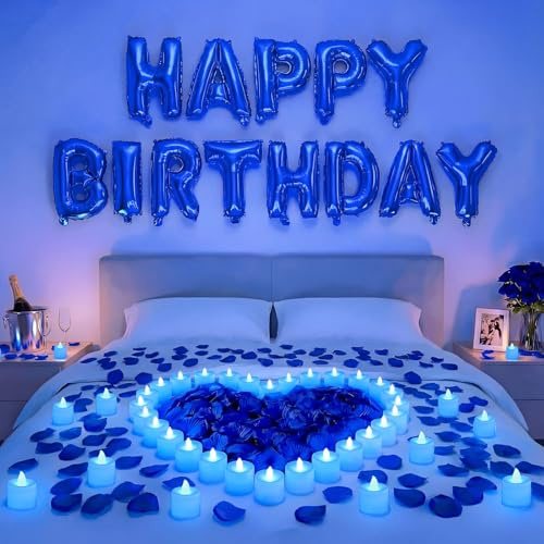 Charnoel Blue Happy Birthday Balloons Decorations Happy Birthday Letter Balloons Banner Set with 24pcs Round Flameless LED Candles and 2000pcs Artificial Rose Petals for Women Men Room Party Decor