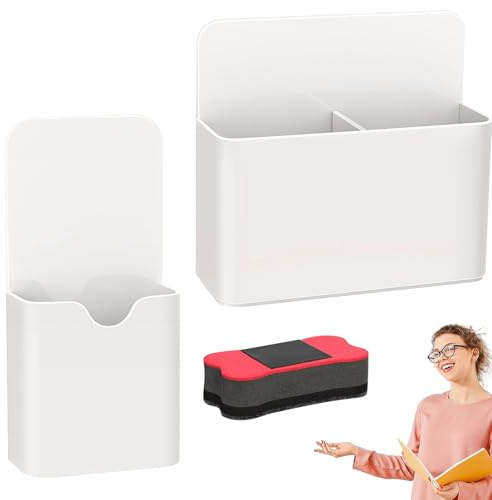 Magnetisk pennhållare, 2 stycken magnetisk markörhållare, 2 storlekar magnetpennor hållare med 1 whiteboard-svamp, magnetisk markeringshållare med skiljevägg, för kylskåp, skåp (vit)