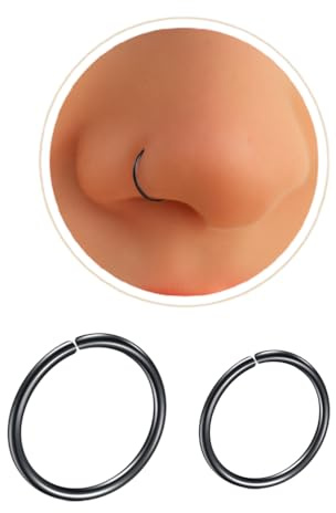 WIIKKOPM 2pk Black Nose Ring Set G23 Titanium Nose hoops 6mm + 8mm Diamter, 20g Guage for Nose helix Tragus Septum cartilague