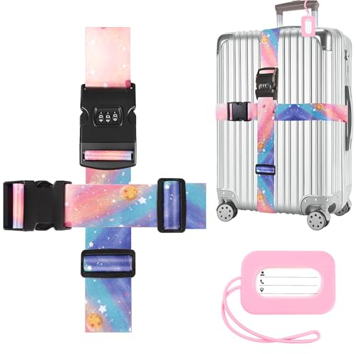 2Pcs Luggage Straps Set, Heavy Duty Adjustable Suitcase Belts with Lock & Name Tag, Travel Packing Accessories Luggage Straps, Cross Travel Strap for Large Suitcases