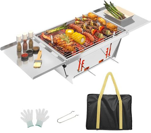 Dripex Holzkohlegrill Faltbare, Einstellbar Campinggrill Tragbarer Edelstahl Klein Klappgrill mit Tasche für BBQ Camping Outdoor Grillparty Reisen (Silber: 65 x 25 x 14cm)