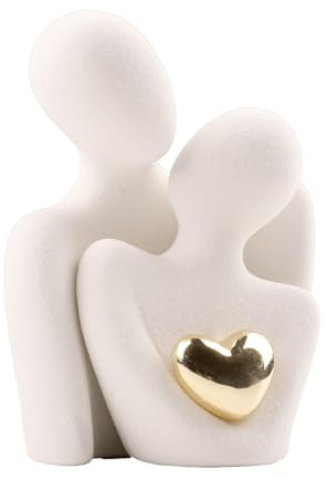 Dcsfadq Romantische Paar Skulptur mit Goldherz, Weiße Moderne Deko-Figur für Wohnzimmer Schlafzimmer, Abstrakte Liebesstatue Geschenke für Hochzeit, Jahrestag