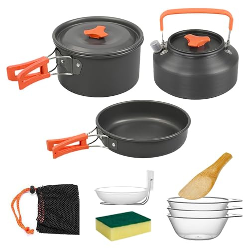 Yeqqzq Camping Cookware Set, Cooking Utensils with Camping Pot Kit, Camping Frying Pan and Teapots for Outdoor Cooking Hiking Travelling for 2-3 People Picnic,Travel