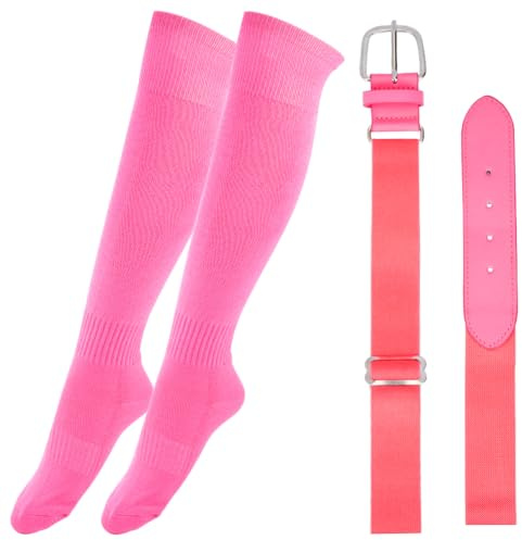 CALFOVERA Justerbart softball höftbälte av polyester PU-läder med legeringslås, baseballbälte och strumpor, kombiset, enfärgade elastiska elite lagsport knästrumpor för ungdomar (rosa)