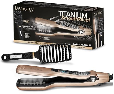 Demeliss Saint Algue – Estuche alisador de vapor Titanium SMOOTH RITUAL – Incluye cepillo desenredante ventilado – alisado de alto rendimiento, hidratación intensa – para todo tipo de cabello