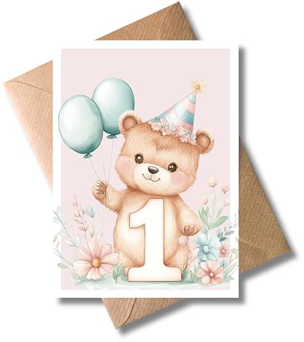 WBdesignz 1. Geburtstag Karte mit Umschlag - Süße Glückwunschkarte für Kinder, Mädchen & Jungen - mit Bärenmotiv, Luftballons & Blumen - Herzliche Geburtstagskarte zum ersten Kindergeburtstag (DIN A6)