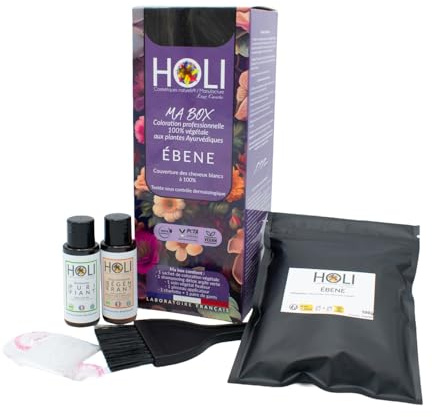 Holi Cosmétiques Box Coloration Cheveux Ebène pour un Noir Profond et Brillant | Henne Cheveux | Teinture Cheveux Femme 100% Végétale et Naturelle I Vegan | Couleur Cheveux Noir