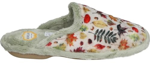 Zapatillas de Casa Destalonadas Cosdam para Mujer – Pantuflas en Color Oliva con Dibujos Otoñales – Zapatilla sin cierres – Slip On – Biorelax – 36 EU